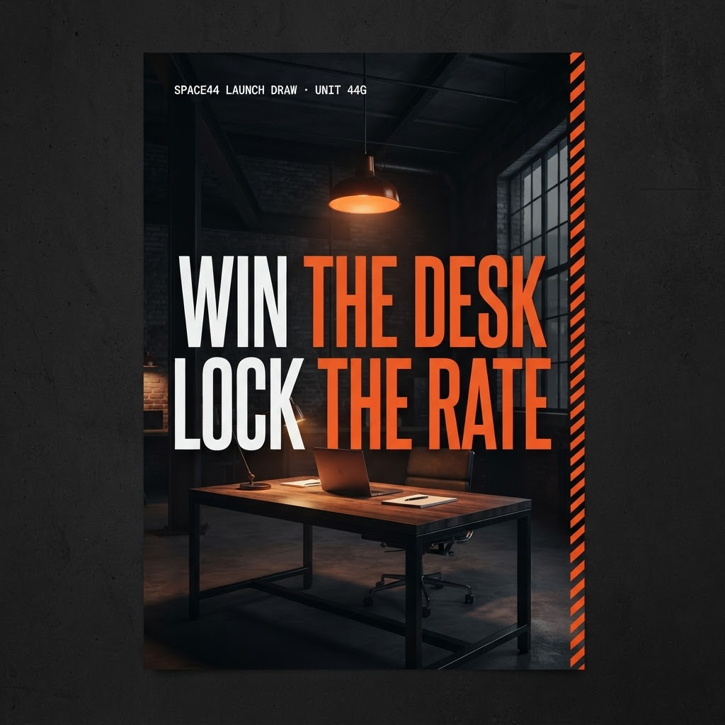 Space44 launch draw poster — Win the Desk, Lock the Rate